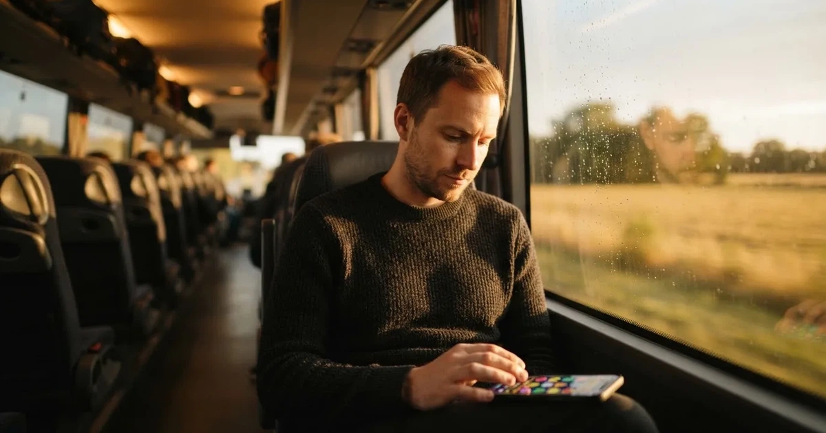 Férfi sötét pulóverben hosszú buszjáraton ül, kezében okostelefon, a kijelző nem látszik, az ablakon át mezők suhannak.