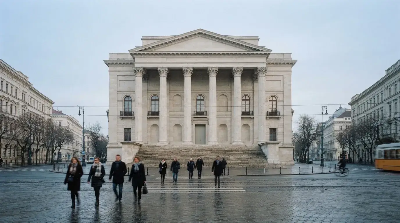 Kőoszlopos, kormányzati jellegű épület homlokzata Budapesten kora reggel, előtte átsétáló emberek, felirat és címer nélkül.