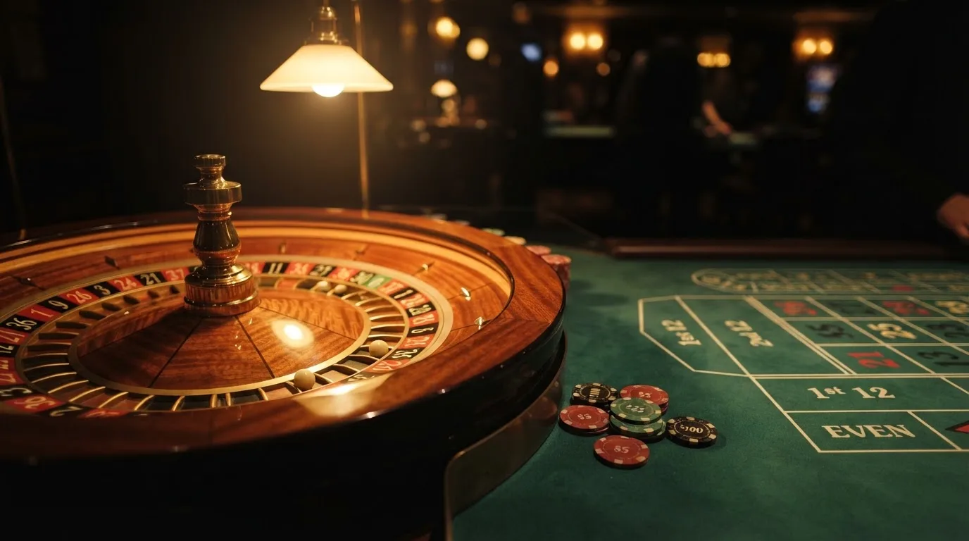 Rulettkerék és zsetonok zöld posztón, meleg esti fényben — blackjack szabályok magyaroknak