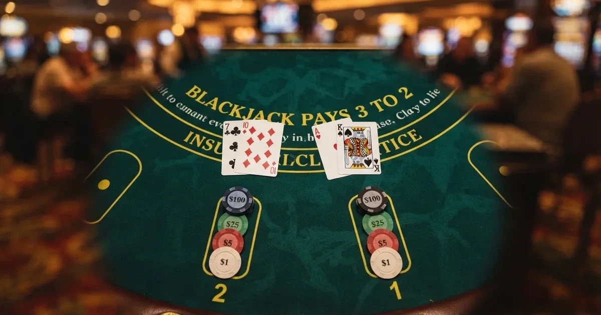 Megvilágított játékasztal kártyákkal, felülnézetből — blackjack szabályok magyaroknak