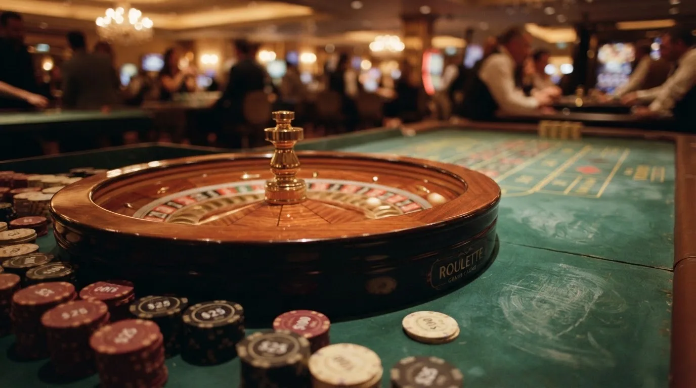 Rulettkerék és zsetonok zöld posztón, meleg esti fényben — high roller kaszinók magyarországon