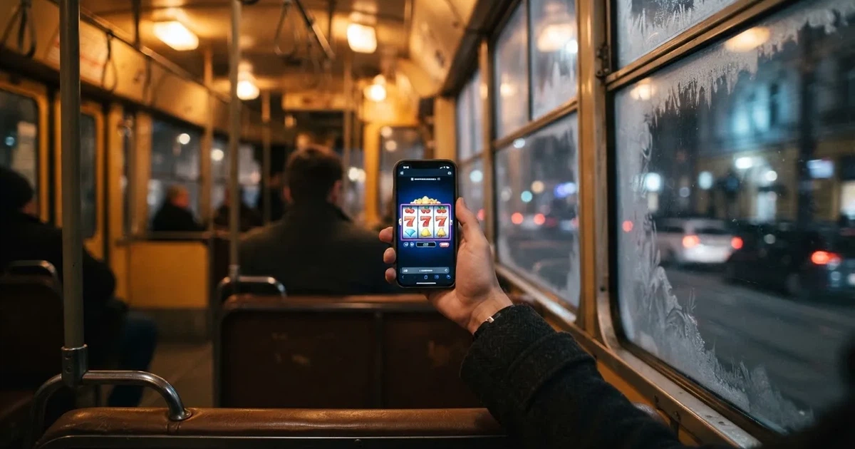 Mobiltelefon kézben egy budapesti villamoson egy téli estén — iphone kaszinó magyarországon