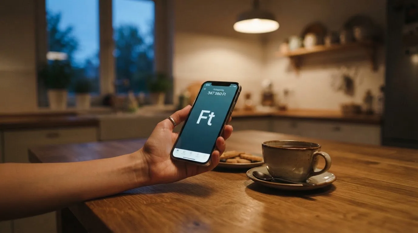 Kéz tart egy mobiltelefont egy csésze tea mellett a konyhaasztalon egy nyugodt estén — kaszinó szerencsejáték magyarországon