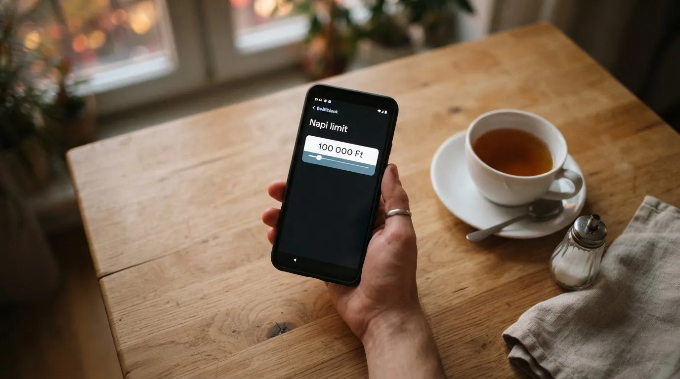 Kéz tart egy mobiltelefont egy csésze tea mellett a konyhaasztalon egy nyugodt estén — külföldi magyar kaszinók