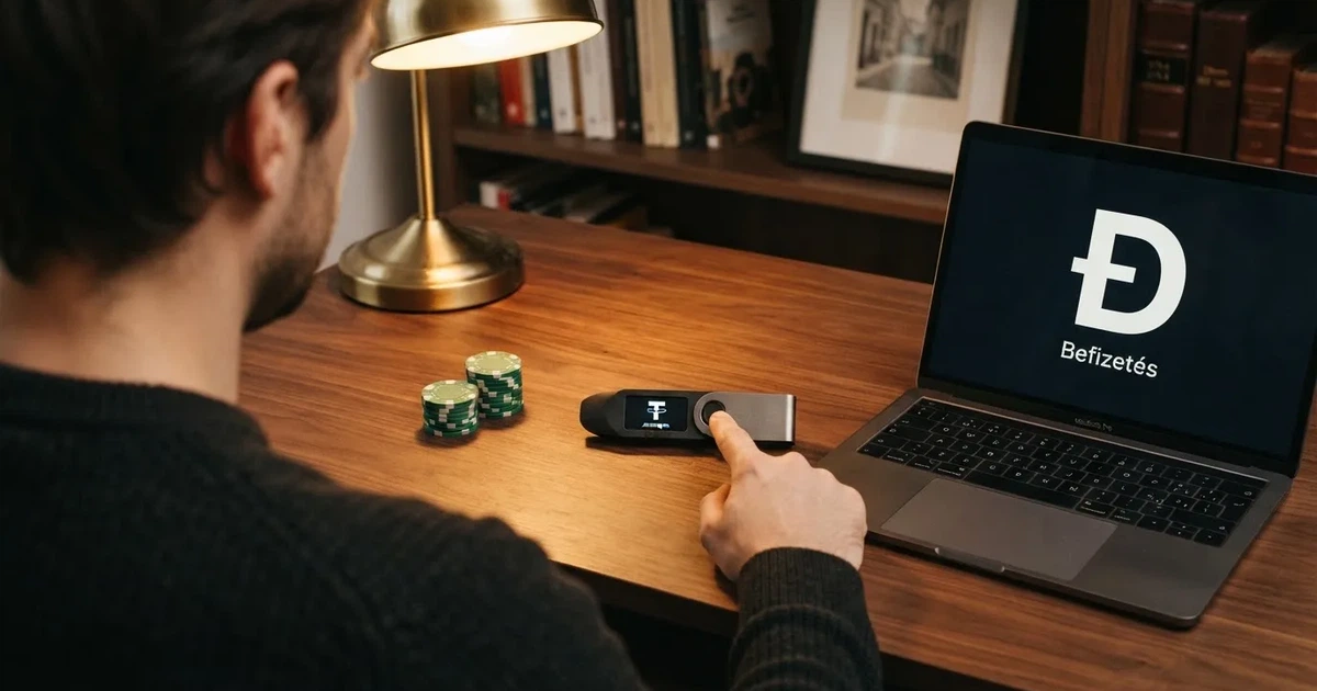 Hardveres tárca és laptop egy íróasztalon, tompa fényben — litecoin kaszinók magyarországon