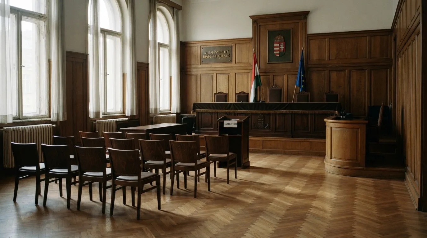 Üres tárgyalóterem faburkolattal, reggeli fényben — magyar kaszinó rulettel
