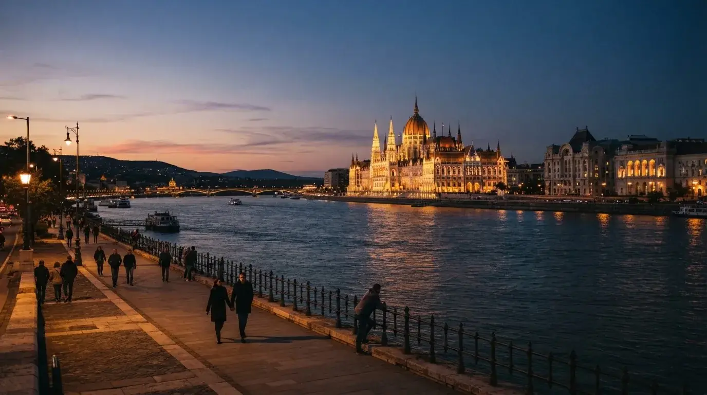 Budapesti belváros esti látképe a Duna-parttal és a Parlament sziluettjével, járókelők a rakparton, megvilágított hivatali épületek.